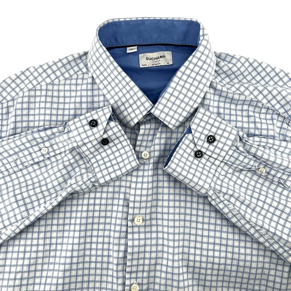 Duchamp London Men's Dress Shirt 18 XXL 46 Blue White Check Slim‎ Fit Stretch